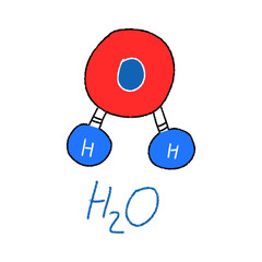 H2O water molecule chemical bonding structure hand hand-drawn crayon, colorful vector illustration.
