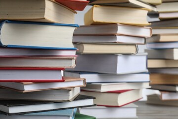 Many stacked books on table against light grey background, closeup