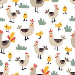 Seamless pattern with hens and chickens on a white background.