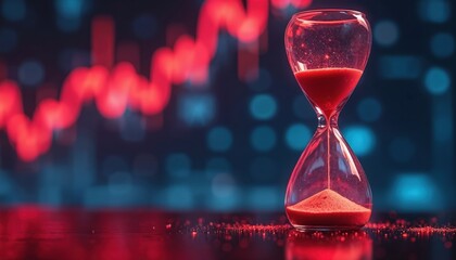 Red sand flows in hourglass against blurred financial graph background. Time runs out on stock market. Economic crisis, investment risk, business deadline concept. Urgent money decision needed as