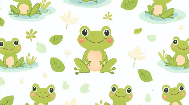 A white background provides the setting for a seamless pattern of a cute green frog