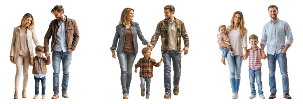 Happy Families Walking Together in Urban Outdoor Setting Isolated Transparent Background