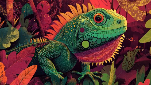 On a white background, a cute iguana forms the basis of a seamless modern pattern design