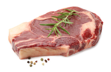 Piece of raw beef meat and spices isolated on white