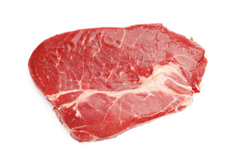 Piece of raw beef meat isolated on white, top view
