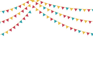 Obraz premium Three colorful festive garland strings with triangular flags. Party celebration decoration layout with blank design space. Event, holiday, or festival concept.