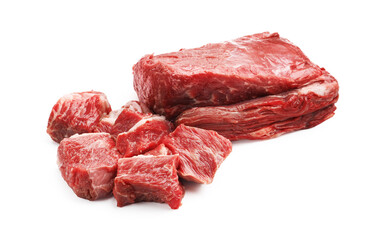 Pieces of raw beef meat isolated on white