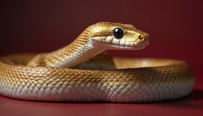 Fototapeta premium Golden head snake coiled on red background. Reptile displays brown and white scales in detailed macro view. Serpent has dark eye, curious look. Creature poses for camera.