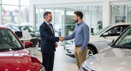 Two men shaking hands at a car dealership. Salesman and customer making a deal in showroom. Buying or selling automobile concept.