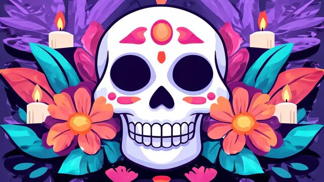 Colorful Sugar Skull Design with Flowers and Candles Background