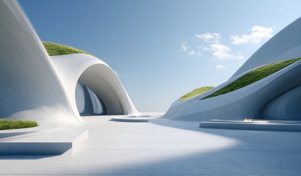 Showcases a modern architectural design with smooth concrete forms and green roof sections under a clear sky.