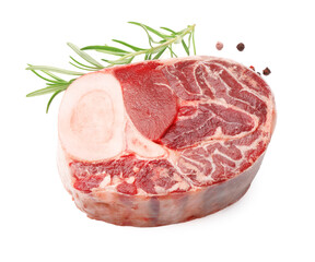 Piece of raw beef meat and spices isolated on white