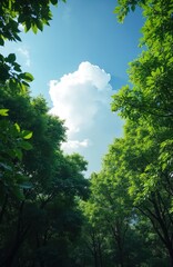 Obraz premium Sky with fluffy cloud over forest canopy. Sun rays pass through tree branches. Rich green leaves under blue sky. Summer nature scene. Fresh foliage and forest, good ecology background.