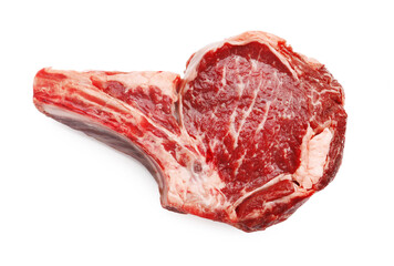 Piece of raw beef meat isolated on white, top view