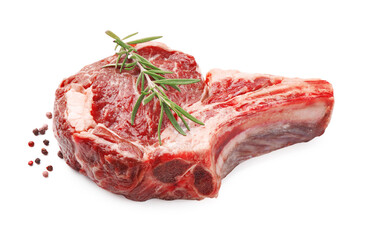 Piece of raw beef meat and spices isolated on white