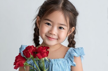 a young girl with blonde hair, wearing a blue dress and holding red roses in her hand, smiles against the background of white walls