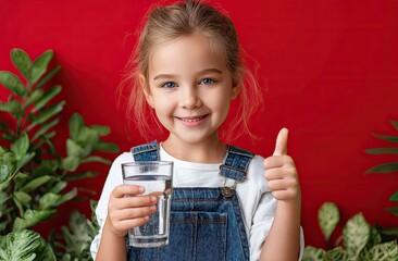 cute girl smiling and holding a glass of water, making a thumbs-up gesture on a red background with green plant leaves