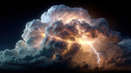 Powerful lightning strikes illuminate a dramatic, dark storm cloud formation with intense electrical energy surging through the atmosphere.