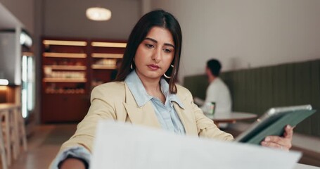 Woman, business or research in restaurant with tablet, scrolling or data analysis for remote work. Online, entrepreneur or tech in cafe with documents, review or information capture for evaluation - Powered by Adobe