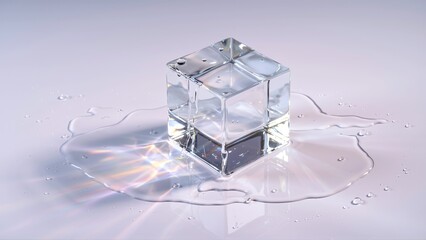 A crystal clear ice cube melts, creating ripples and refracting light into a spectrum of colors on a soft surface.