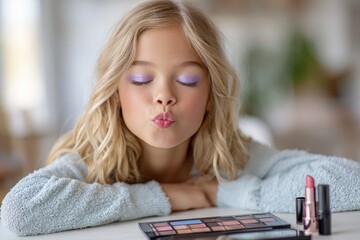 a girl of about ten years old, with blonde hair and purple eyeshadow, is applying makeup in the mirror on her desk