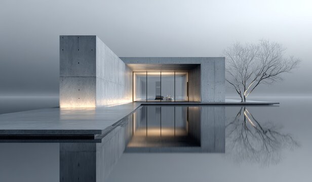 A modern minimalist concrete house with large glass windows, water reflection, and a bare tree, showcasing simplicity and contemporary design.