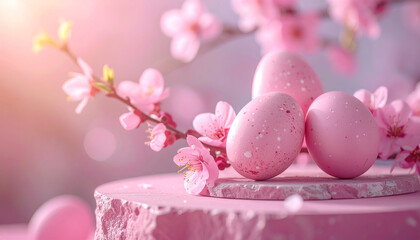 Pink Easter eggs with flowering branch on pink stone podium. Spring season. Festive composition