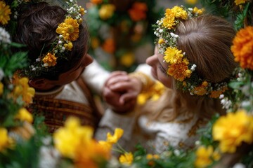 Embrace eternal love surrounded by vibrant blooms, a couple shares a tender moment adorned with floral crowns, celebrating their special bond.