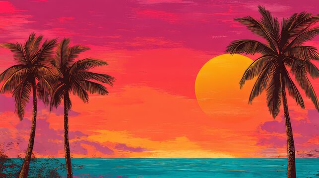 This seamless pattern showcases a vibrant jungle environment complete with tropical trees and palms