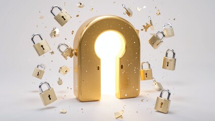 Golden keyhole opening with shattered locks symbolizes breaking barriers and unlocking new opportunities.