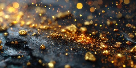 Sparkling gold dust and nuggets shimmer on dark textured surface creating a luxurious and opulent abstract background with bokeh effects