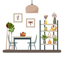 Home interior design concept. A fragment of a room with a table, chairs, and a shelf for flowers and other home decor. A large lampshade and paintings on the wall. Cozy minimalism. Flat vector. 