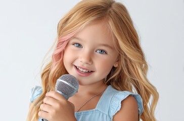 a young girl with blonde hair and a blue dress holds a microphone, singing against a white background with soft lighting
