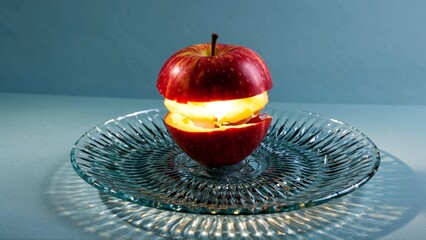 Glowing Apple Halves Illuminate Glass Plate with Intricate Light Patterns