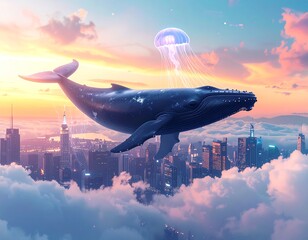 Surreal Flying Whale and Jellyfish Above Futuristic City at Sunset