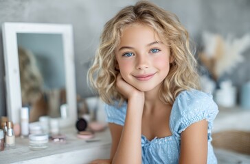 a young girl with blonde hair and a blue dress sits at a table, smiling and surrounded by makeup products on a gray background