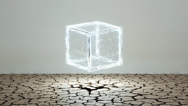 Ethereal cube of light hovers above a stark, cracked earth, symbolizing renewal or a powerful presence.