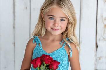 a young girl with blonde hair, wearing a blue dress and holding red roses in her hand, smiles against the background of white walls