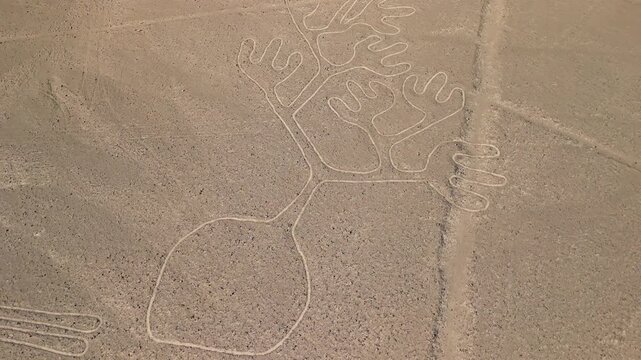 Aerial parallax shot of the Tree and Hands figures one of the mysterious ancient Nazca Lines geoglyphs etched into the desert plateau of Peru