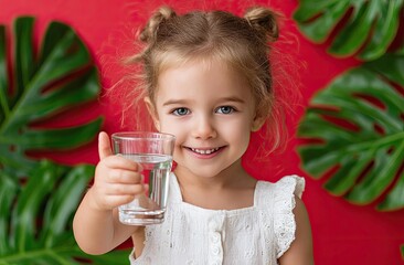 cute girl smiling and holding a glass of water, making a thumbs-up gesture on a red background with a green plant in the room