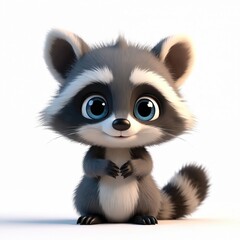 Obraz premium Cute cartoon raccoon character with big blue eyes, fluffy fur on white background. Adorable animal illustration with heart hands. Isolated digital art for kids. Funny forest creature mascot.