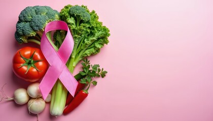 Pink breast cancer awareness ribbon placed on fresh vegetables like broccoli, tomato, and chili pepper. Represents healthy food choices supporting cancer prevention.