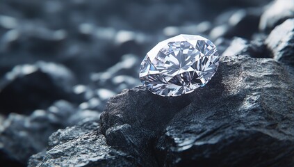 Faceted diamond rests on rough dark rocks