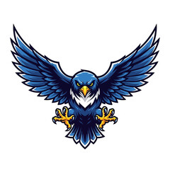 Obraz premium Majestic blue falcon swooping down with wings spread, ready to strike, perfect for sports team logos, gaming icons, and powerful brand visuals