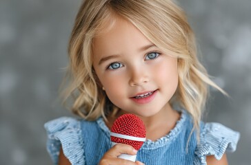 a girl, approximately 7 years old, with blonde hair wearing a blue dress and holding a microphone, singing to the camera against a white background with bright lighting