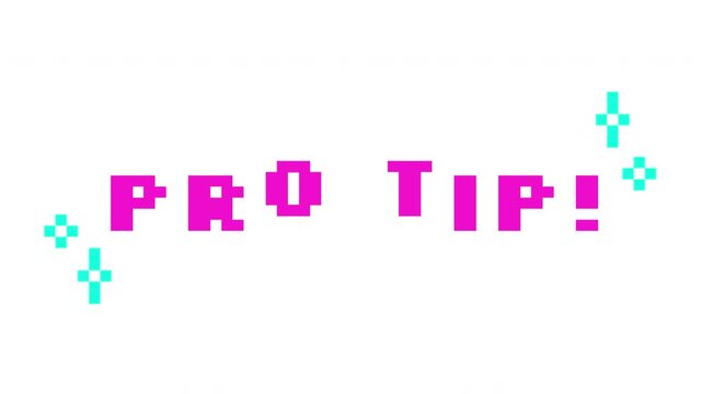 Animated word pro tip in pink pixel typography. Professional expert advice. Useful hint. Helpful tutorial. Retro 8 bit style bouncing text reaction animation with sparkles. Pixelated jumping letters