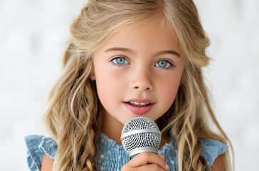 a girl, approximately 7 years old, with blonde hair wearing a blue dress and holding a microphone, singing to the camera against a white background with bright lighting