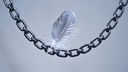 A delicate feather rests precariously upon a heavy, metallic chain, symbolizing fragility and strength.