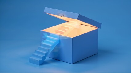 Unveiling a Luminous Stairway to Discovery Within an Opened Box on a Blue Background