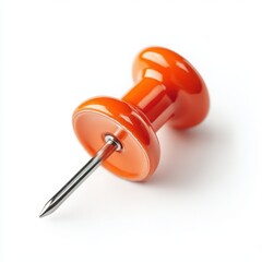 Here is a closeup image of an orange push pin on a white background